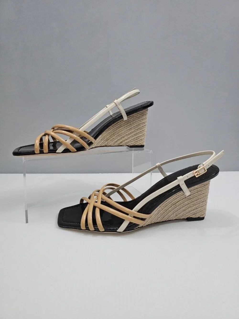 Tory Burch Multi Strap 75mm Espadrille Wedge Womens 9.5 Tan Cream Leather Sandal